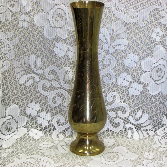 SOLID BRASS Vase 12" Tall Etched Engraved Vintage Boho Chic Home Decor - Picture 2 of 6